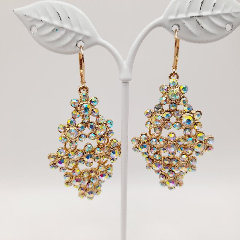 Monet AB Rhinestone Dangle Earrings Gold Tone Leverback 2.5"